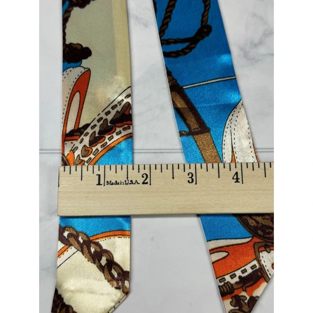 Blue Equestrian Print Skinny Scarf Handbag Wrap Headband Silk Style Tie